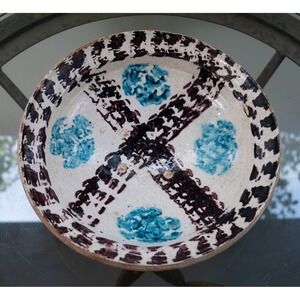 Antique Handmade Primitive 12" Redware Serving Bowl Painted Blue And Brown